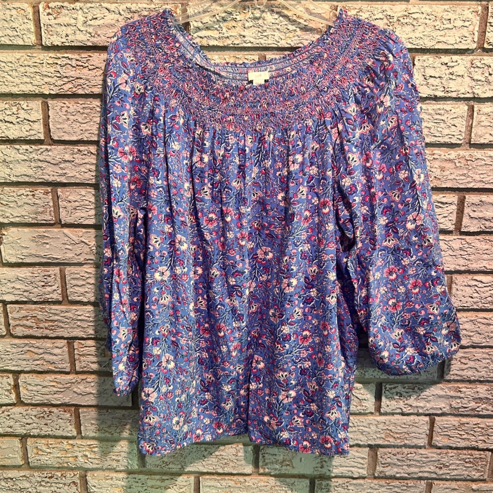 J. Jill Blue Floral Smocked Neck Viscose Rayon Peasant Blouse Top Large